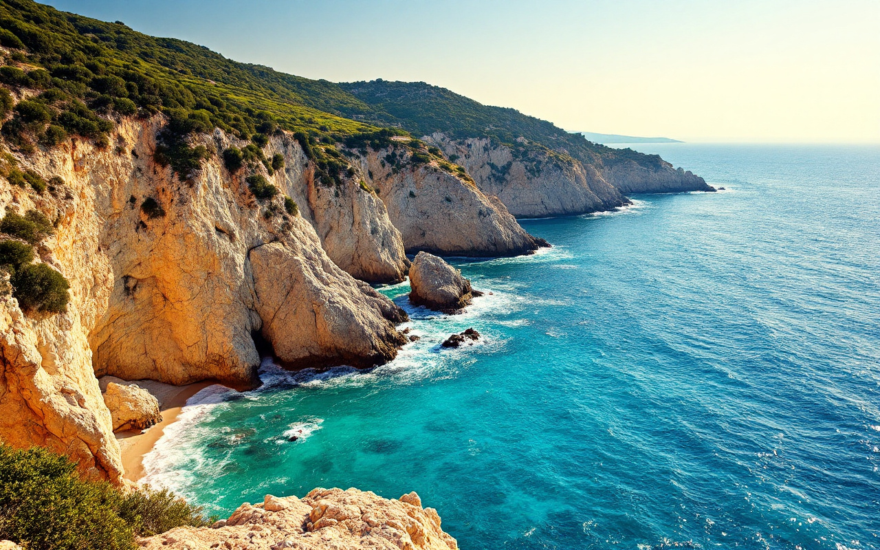 Vue d'une c&ocirc;te m&eacute;diterran&eacute;enne avec des falaises rocheuses, eaux turquoise vibrantes et ciel clair. La lumi&egrave;re du soleil &eacute;claire les rochers, cr&eacute;ant une atmosph&egrave;re sereine au coucher du soleil.