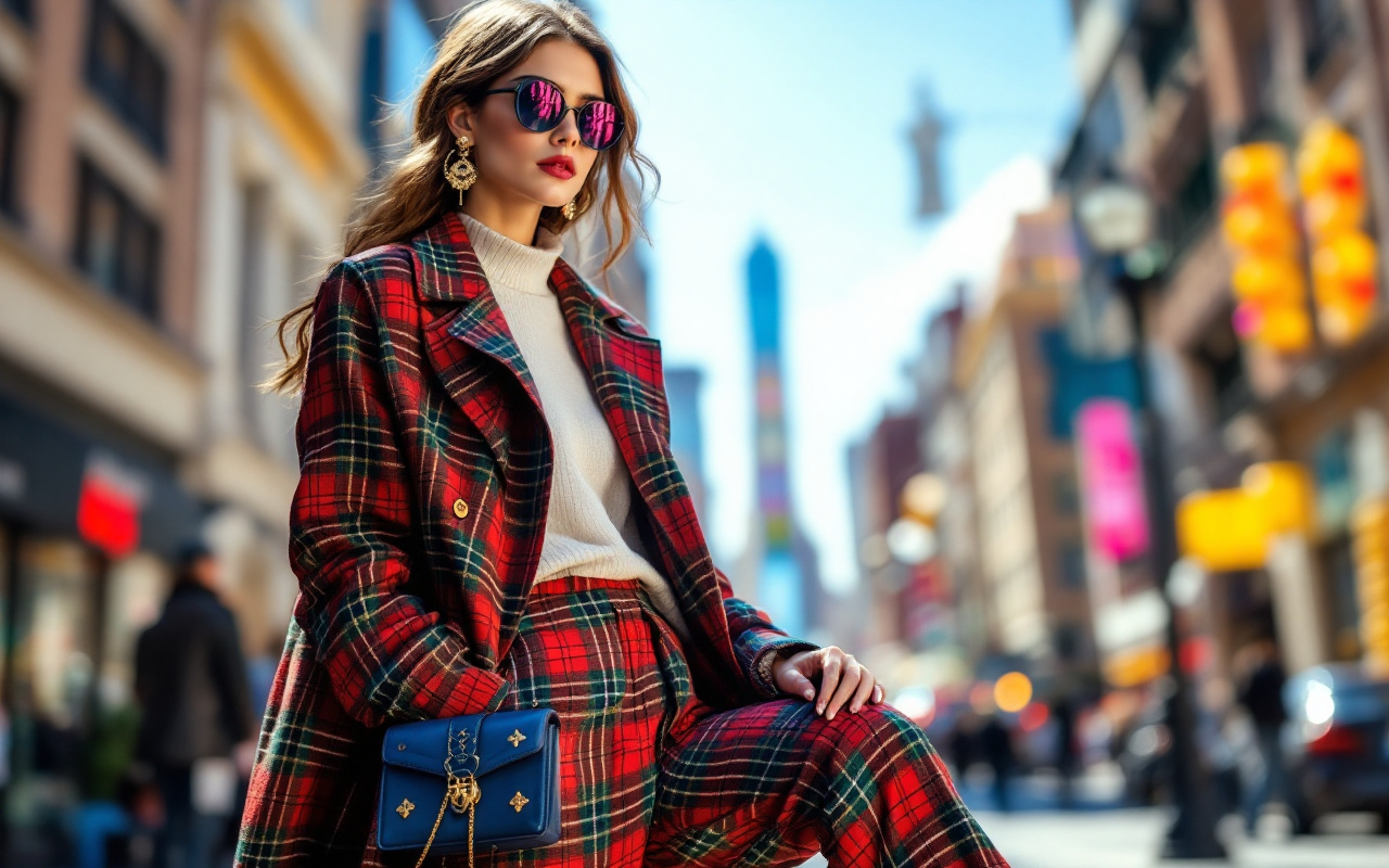 Une tenue styl&eacute;e compos&eacute;e de pantalons en tartan et d'accessoires chics, pr&eacute;sent&eacute;e dans un d&eacute;cor urbain lumineux, mettant en valeur les motifs intricats du tartan rouge et vert.