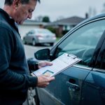 Un acheteur examine des documents administratifs et une carte grise près d’une voiture d’occasion garée en extérieur.