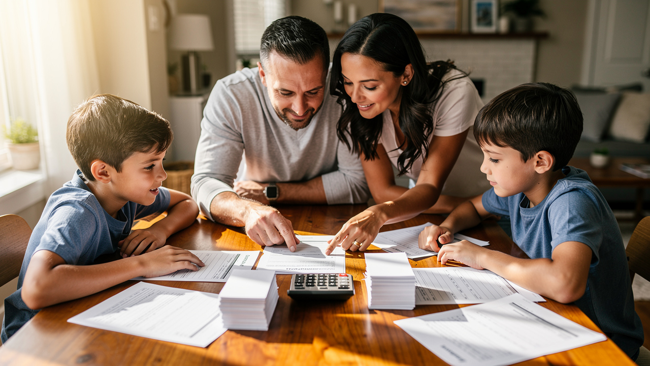 Un couple avec deux enfants examine ensemble un budget familial et des documents de prévoyance autour d’une table, avec une calculatrice.