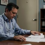 Médecin généraliste assis seul dans son cabinet médical fermé, consultant des documents financiers vierges dans une atmosphère sobre et réaliste.