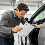 Comment choisir un équipement auto compatible avec son véhicule ? Un homme vérifie l’identification d’une voiture moderne à l’aide d’un document officiel dans un garage lumineux.
