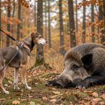 Quels réflexes choisir face à la maladie d’Aujeszky chez son chien ? Chien de chasse tenu en laisse à distance d’un sanglier couché dans une forêt aux couleurs automnales, dans une ambiance documentaire réaliste.