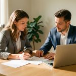 Organisation financière d’un foyer de professionnel libéral : 7 repères Un couple de professionnels, une femme et un homme, organise son budget familial autour d’une table lumineuse avec des documents vierges et un ordinateur.