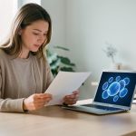 Jeune femme comparant un document papier et une interface abstraite d’intelligence artificielle sur un ordinateur portable dans un espace de travail lumineux.