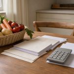 Quelles mesures du financement de la Sécu 2027 choisir pour son budget familial ? Vue réaliste d’un budget familial français organisé sur une table en bois, avec calculatrice, feuilles vierges, panier de courses, enveloppes et documents administratifs sans inscription visible.
