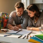 Comment les parents qui travaillent peuvent-ils organiser les trajets scolaires, les mercredis et les soirées ? Un homme et une femme préparent ensemble l’organisation de la semaine de rentrée sur une table de cuisine, entourés de cartables, d’un agenda vierge et de fournitures scolaires, dans la lumière douce du matin.