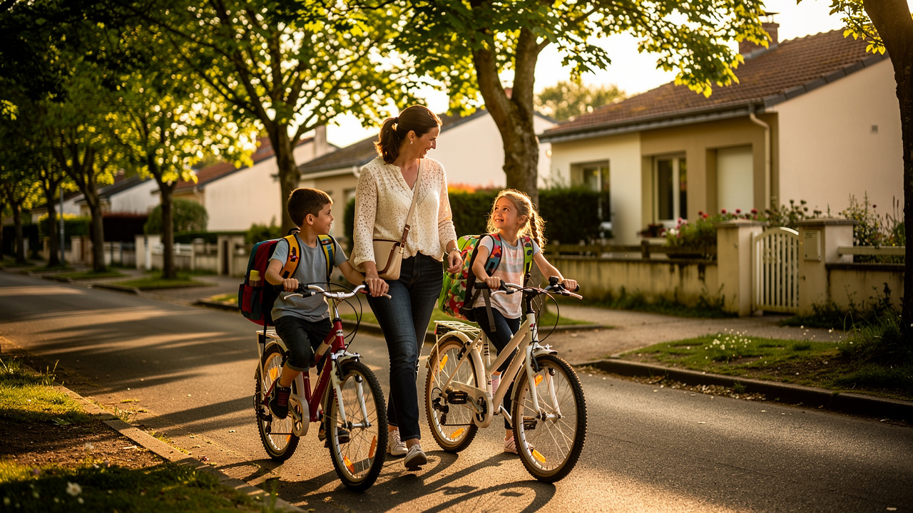 Une femme accompagne un jeune garçon et une jeune fille à la sortie d’une école, avec leurs cartables et leurs vélos, dans une rue résidentielle du nord de Nantes en fin d’après-midi.